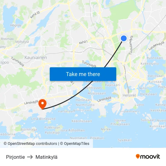 Pirjontie to Matinkylä map
