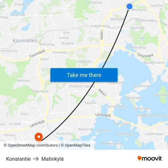 Konalantie to Matinkylä map