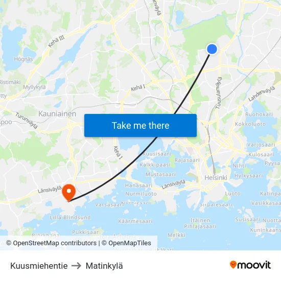 Kuusmiehentie to Matinkylä map