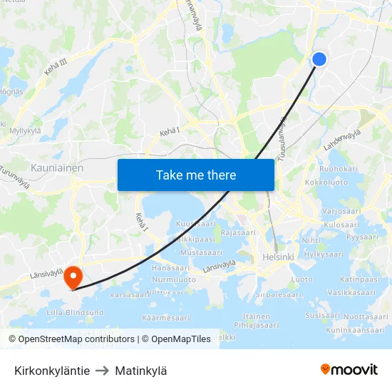 Kirkonkyläntie to Matinkylä map