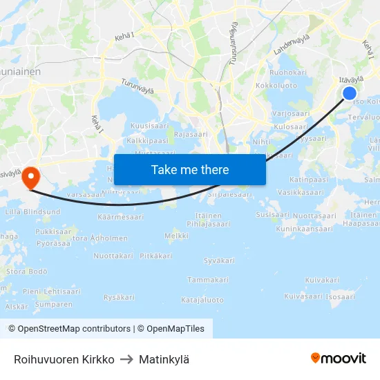 Roihuvuoren Kirkko to Matinkylä map