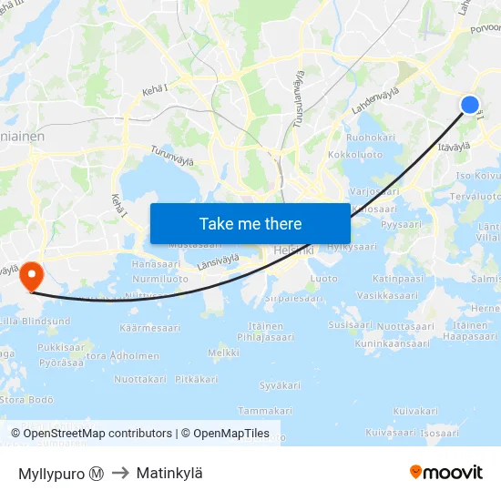 Myllypuro Ⓜ️ to Matinkyla map