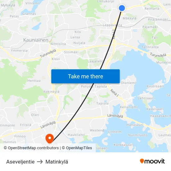 Aseveljentie to Matinkylä map