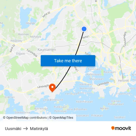 Uusmäki to Matinkyla map