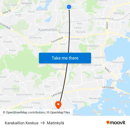 Karakallion Keskus to Matinkylä map