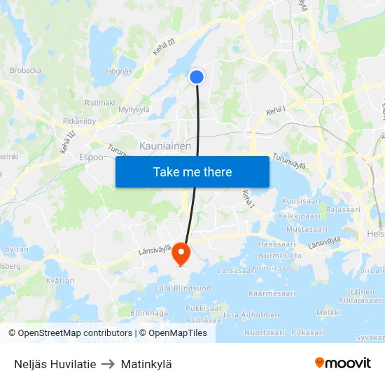Neljäs Huvilatie to Matinkylä map