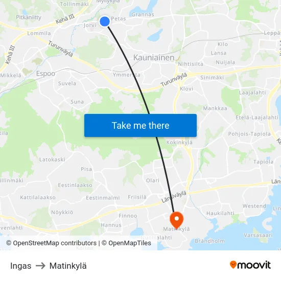 Ingas to Matinkylä map
