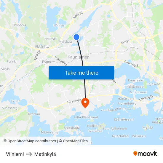 Vilniemi to Matinkylä map