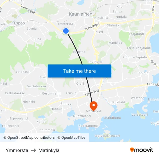 Ymmersta to Matinkylä map