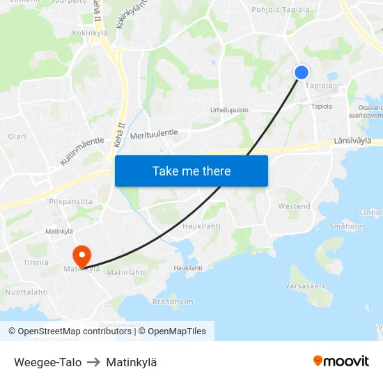 Weegee-Talo to Matinkylä map