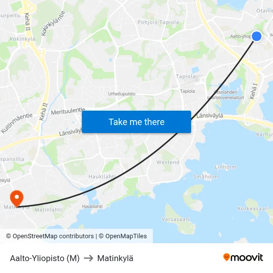 Aalto University (M) to Matinkyla map