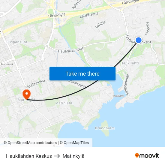 Haukilahden Keskus to Matinkylä map