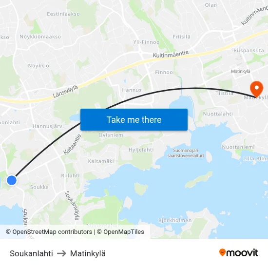 Soukanlahti to Matinkylä map