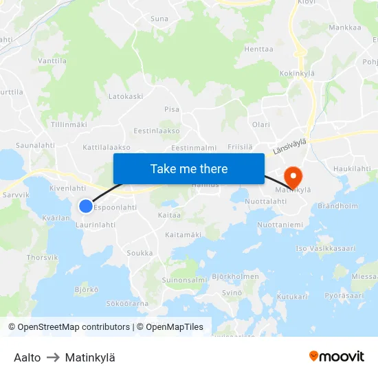 Aalto to Matinkyla map