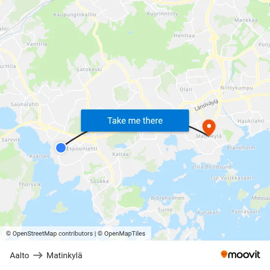 Aalto to Matinkyla map