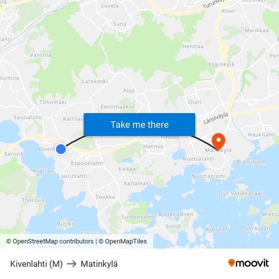 Kivenlahti (M) to Matinkylä map