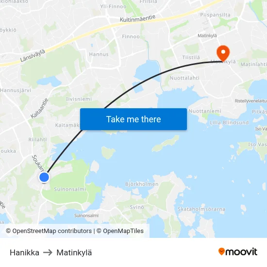 Hanikka to Matinkyla map