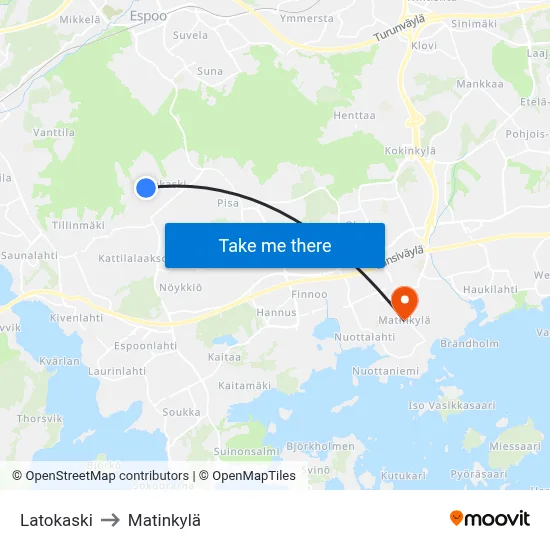 Latokaski to Matinkyla map
