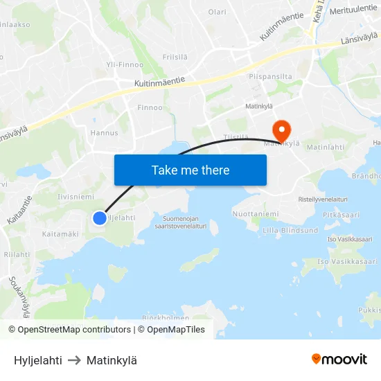 Hyljelahti to Matinkylä map