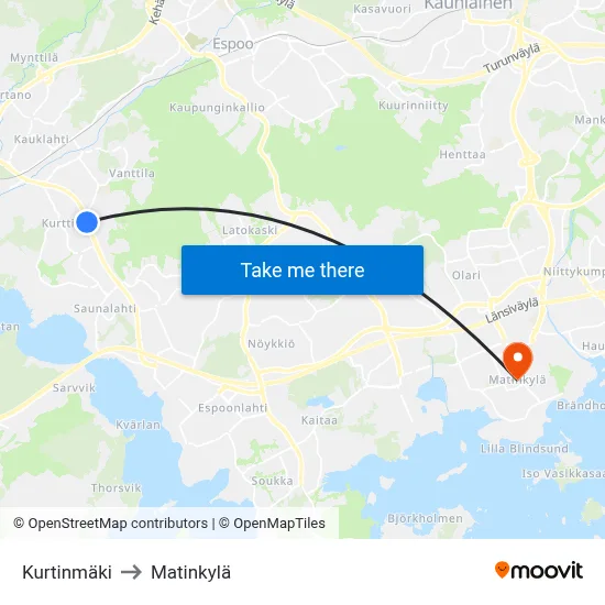 Kurtinmaki to Matinkyla map
