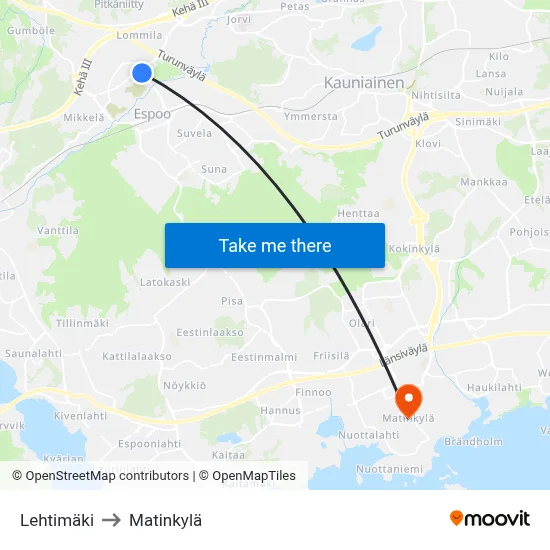 Lehtimäki to Matinkyla map