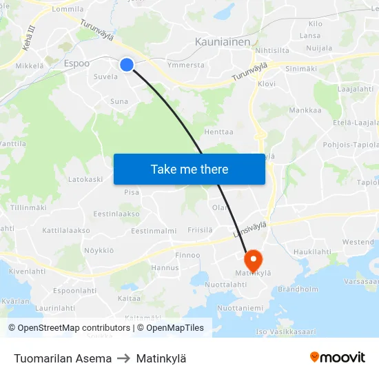 Tuomarila Station to Matinkyla map