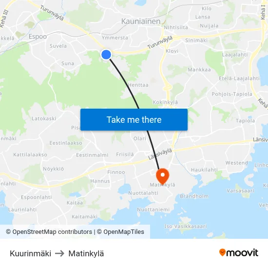 Kuurinmäki to Matinkylä map