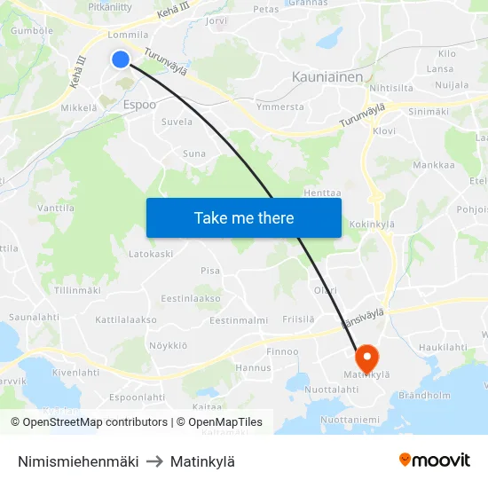 Nimismiehenmäki to Matinkylä map