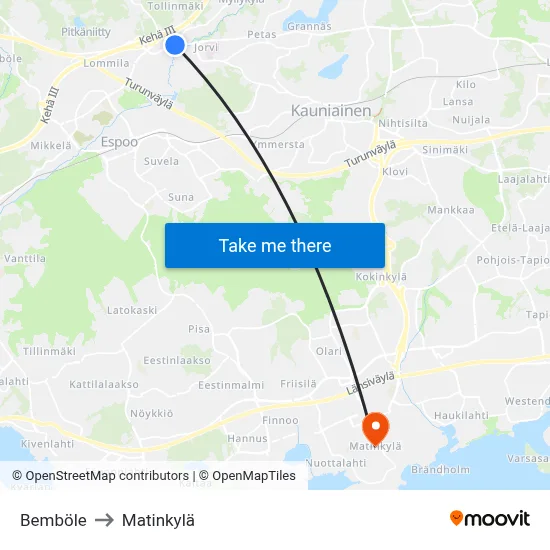 Bemböle to Matinkylä map