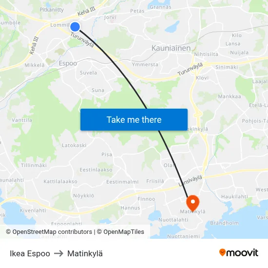 Ikea Espoo to Matinkylä map
