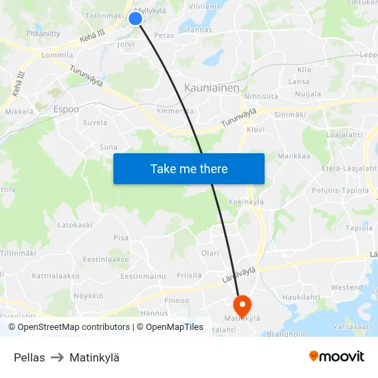 Pellas to Matinkylä map
