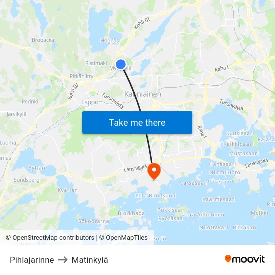 Pihlajarinne to Matinkylä map