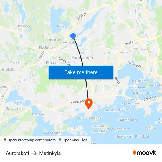 Aurorakoti to Matinkylä map