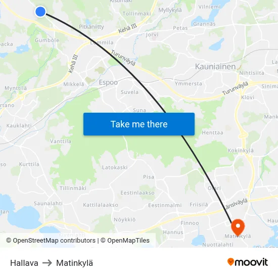Hallava to Matinkylä map