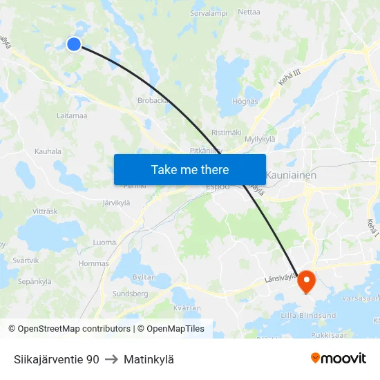 Siikajarventie 90 to Matinkyla map