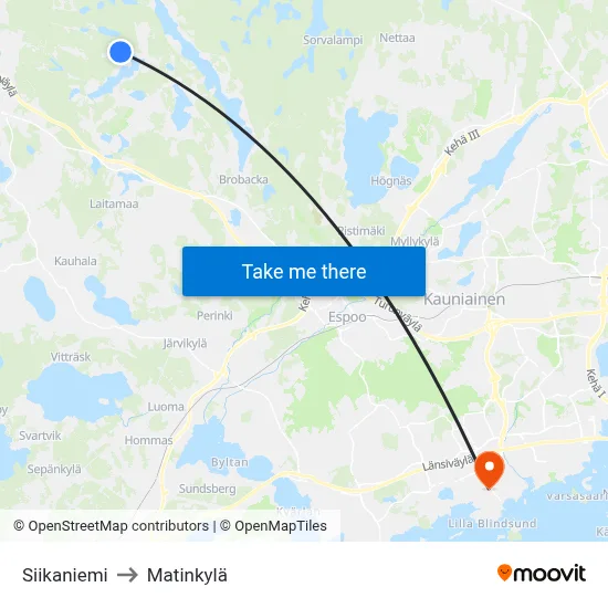 Siikaniemi to Matinkylä map