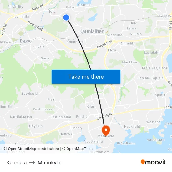Kauniala to Matinkylä map