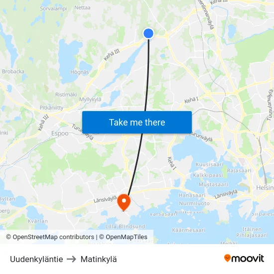 Uudenkyläntie to Matinkylä map