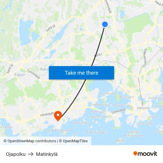 Ojapolku to Matinkyla map
