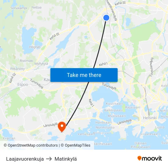 Laajavuorenkuja to Matinkylä map