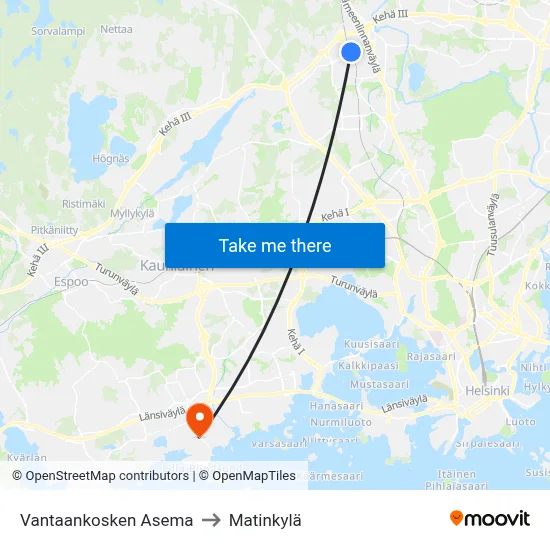 Vantaankosken Asema to Matinkylä map