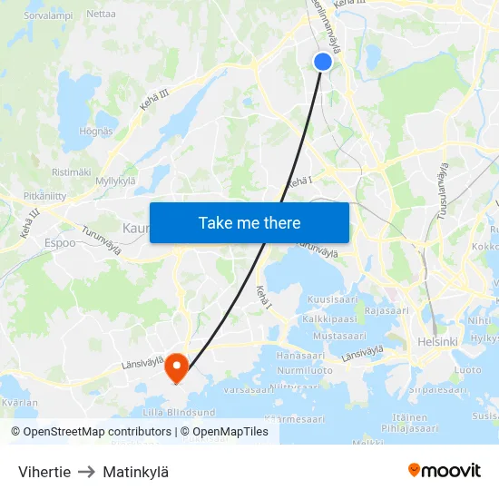 Vihertie to Matinkylä map