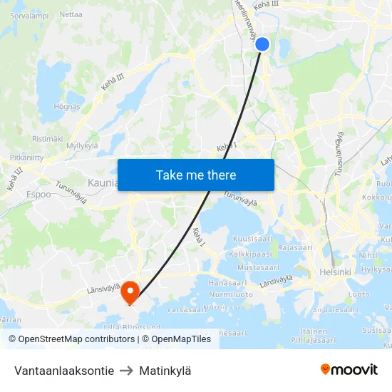 Vantaanlaaksontie to Matinkylä map