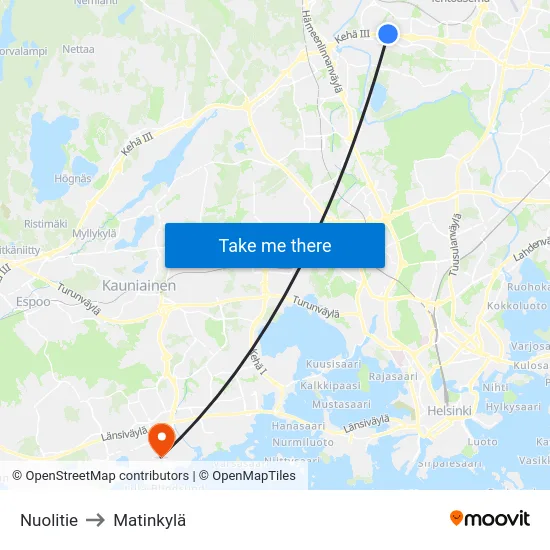 Nuolitie to Matinkylä map