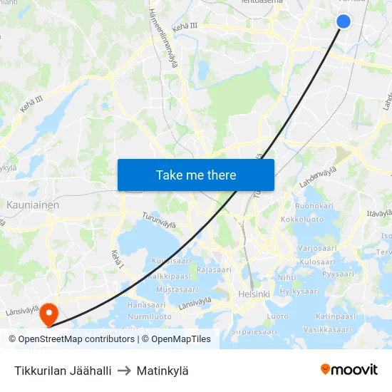 Tikkurilan Jäähalli to Matinkylä map