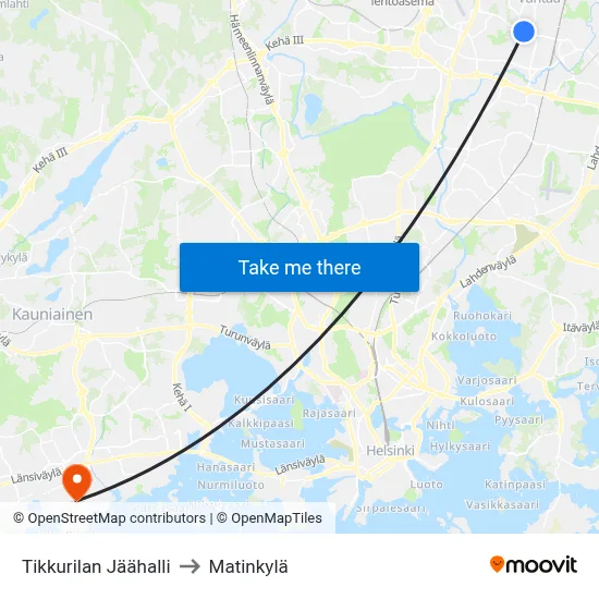 Tikkurilan Jäähalli to Matinkylä map