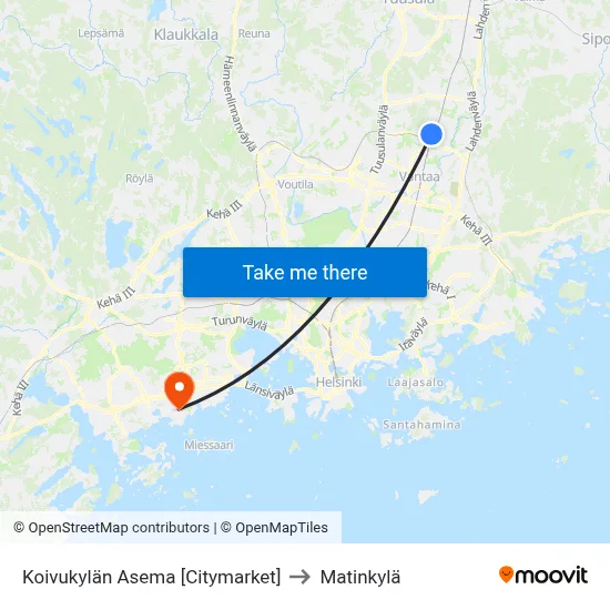 Koivukylä Station to Matinkyla map