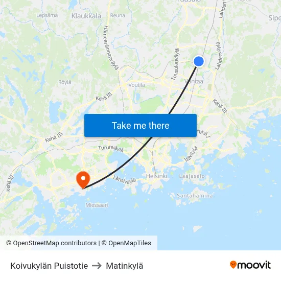 Koivukylä Park Road to Matinkyla map