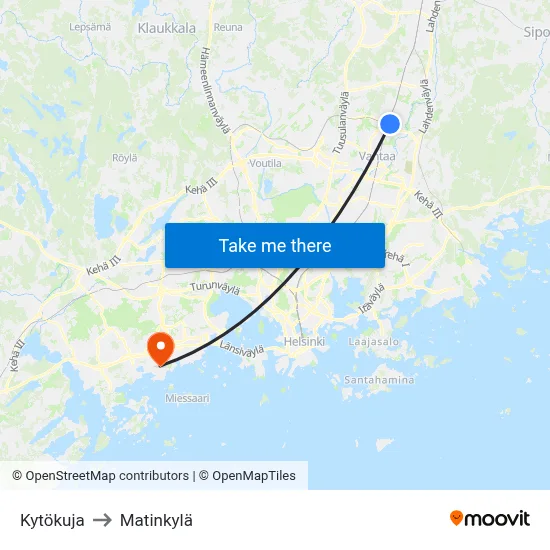 Kytökuja to Matinkyla map