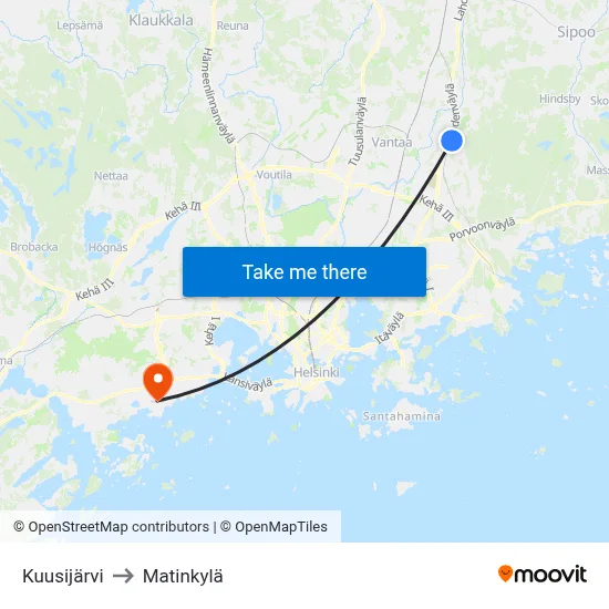 Kuusijarvi to Matinkyla map